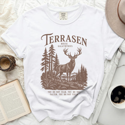 White t-shirt with Terrasen House Galathynius deer and trees design and quote.