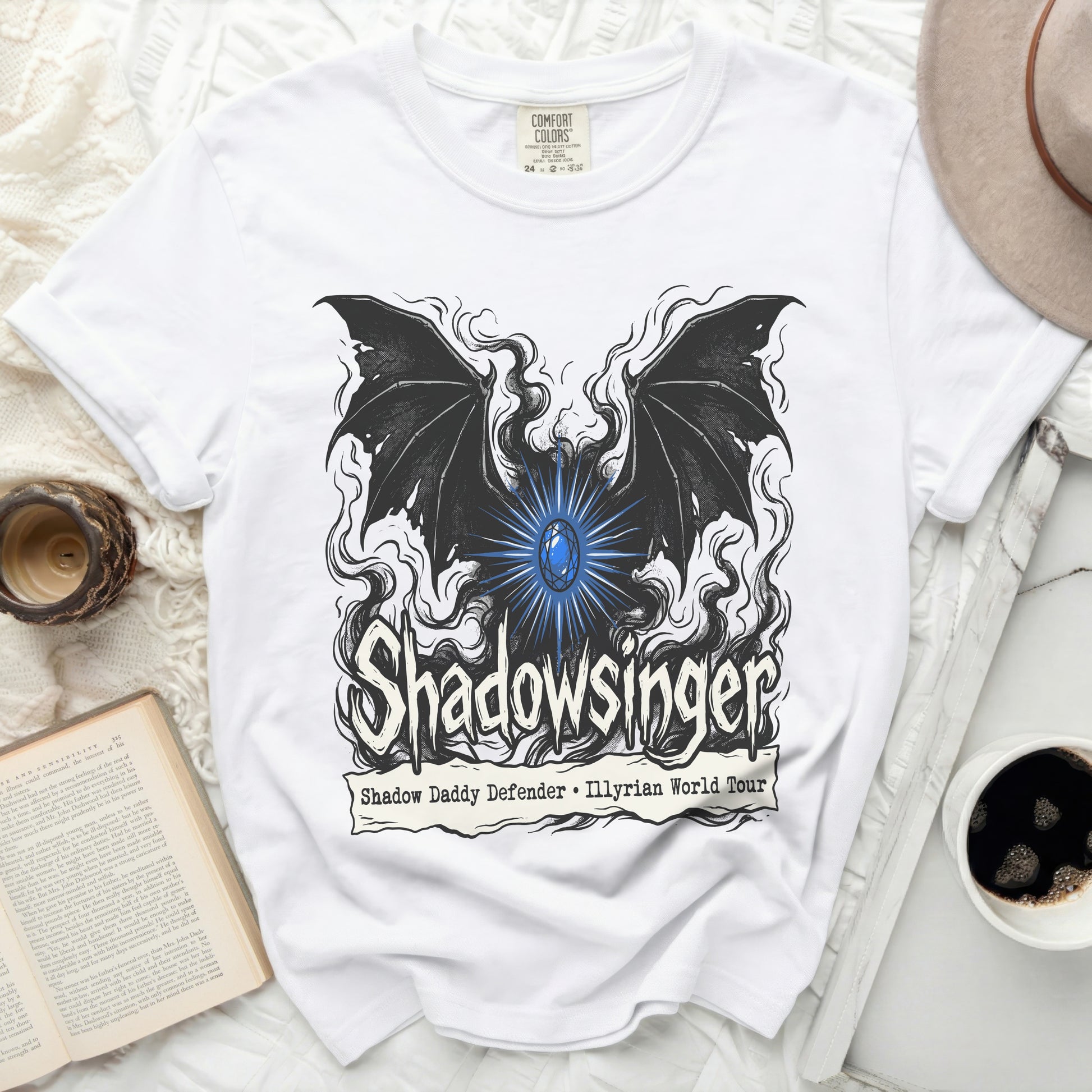 White Comfort Colors t-shirt with "Shadowsinger" graphic and tour text.