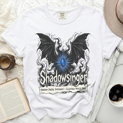 White Comfort Colors t-shirt with "Shadowsinger" graphic and tour text.