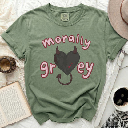Green t-shirt with "morally grey" text and a black heart with horns.