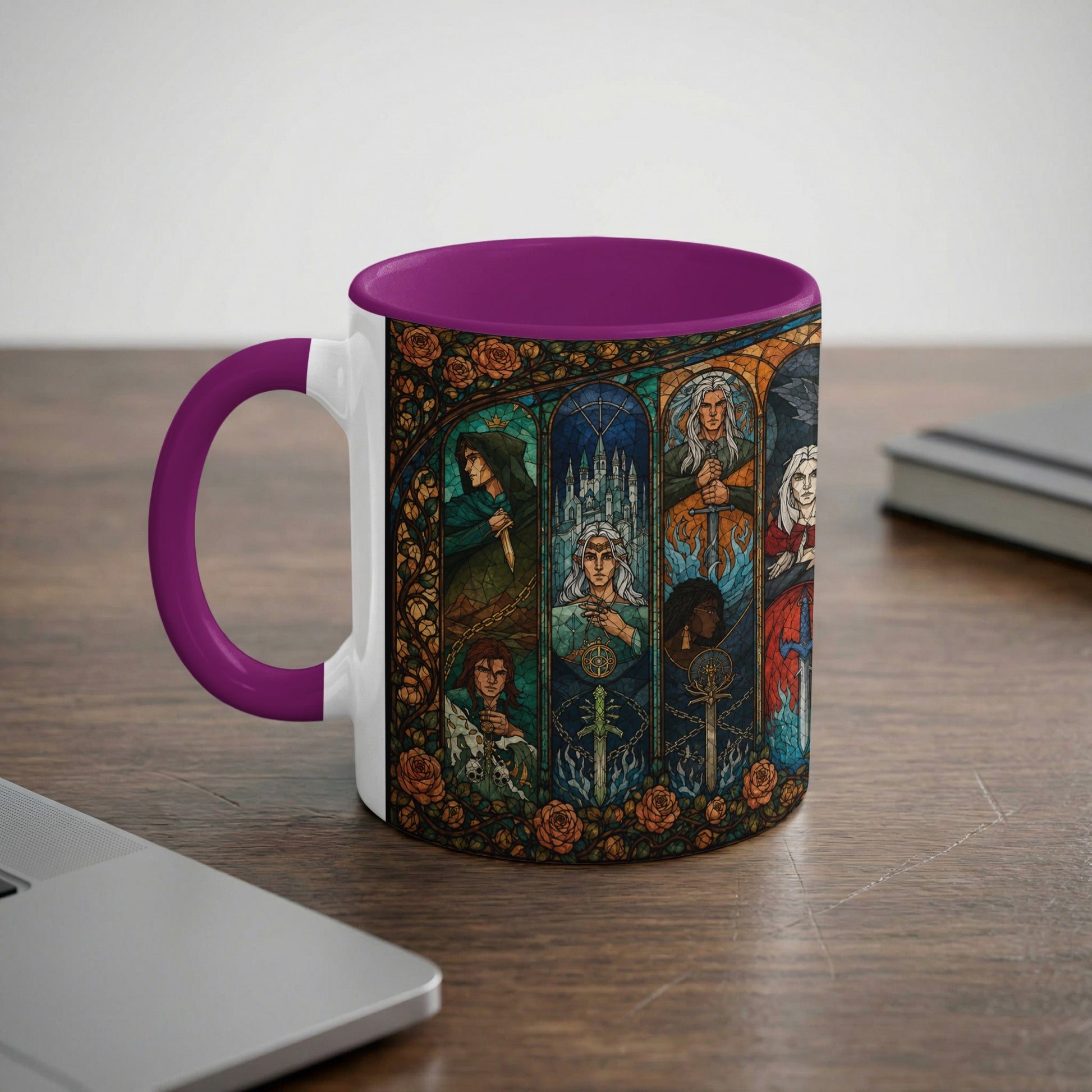 Mug with stained glass designs of fantasy characters and roses, purple handle and interior.