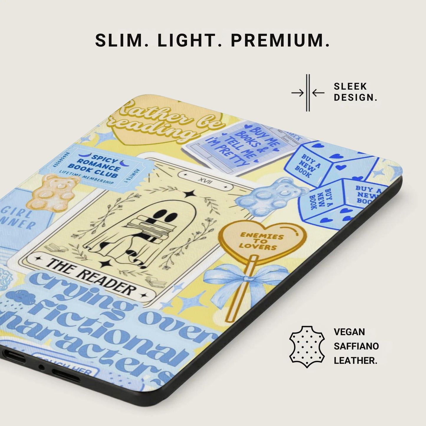 Case with book-themed tarot, dice, and text graphics.