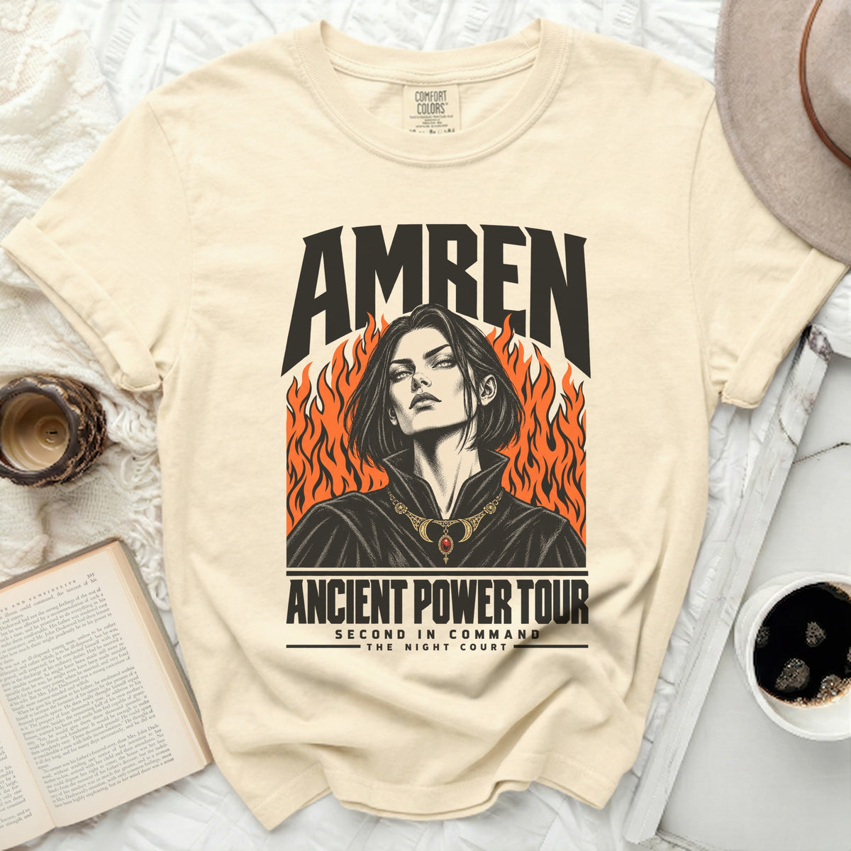 Cream Comfort Colors t-shirt with Amren "Ancient Power Tour" graphic and flames.