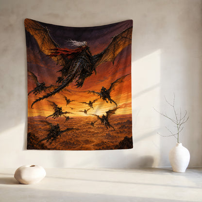 Tapestry art of a dark dragon with riders flying into an orange sunset.