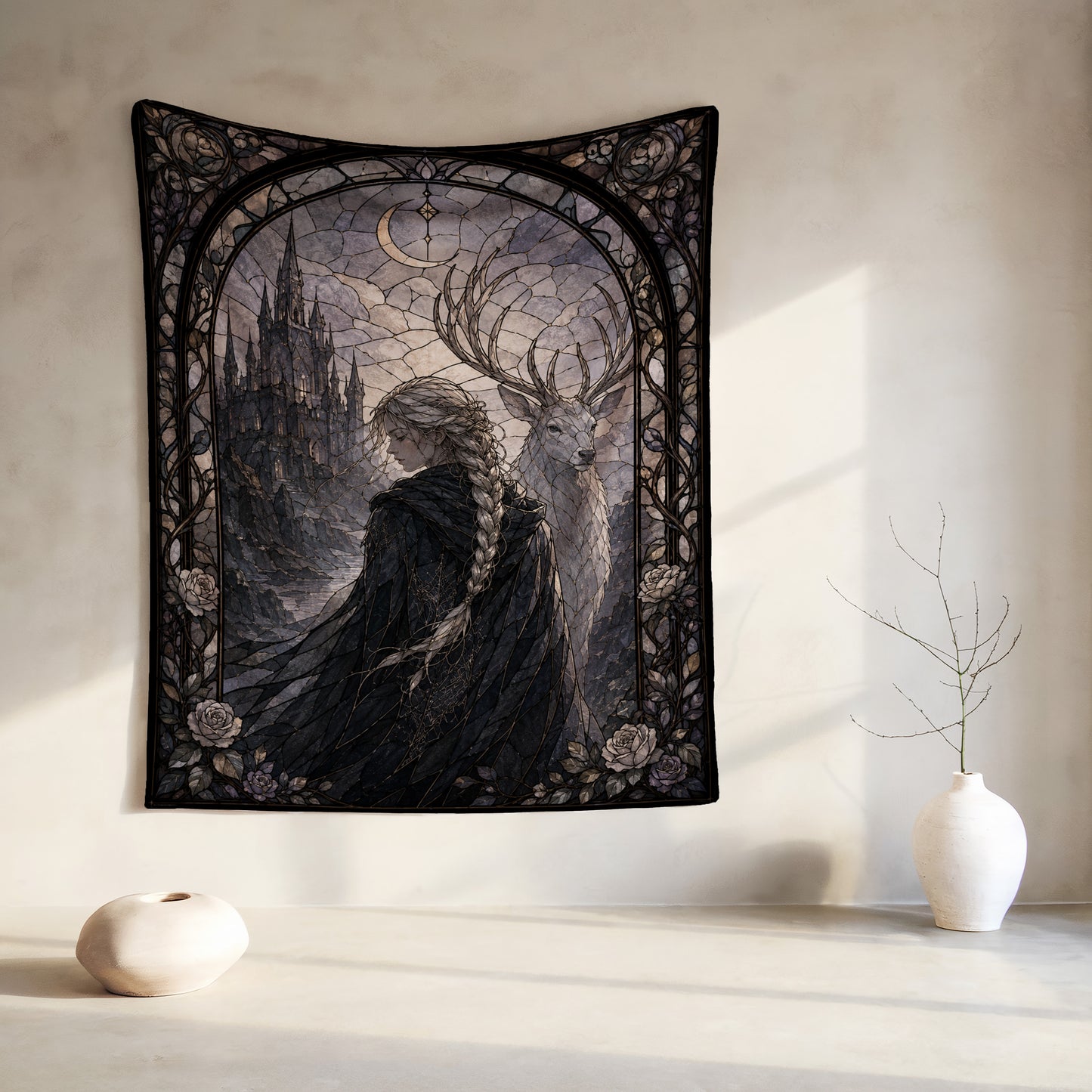Stained glass tapestry depicts a woman and deer before a gothic castle under a crescent moon.