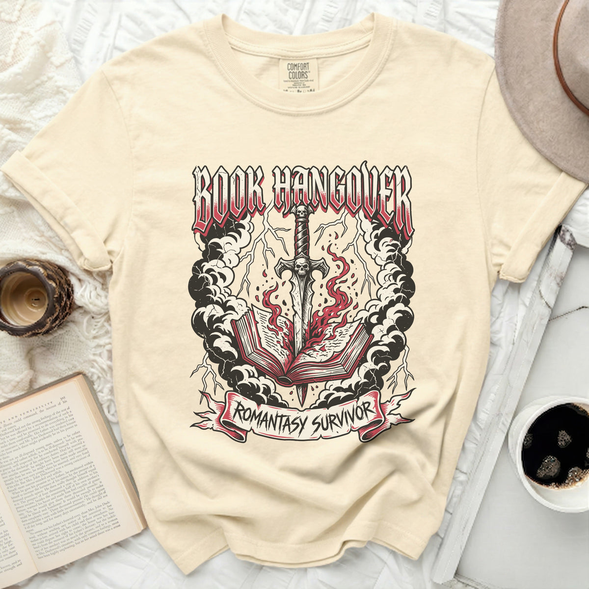 Cream t-shirt with "Book Hangover" and "Romantasy Survivor" graphic.
