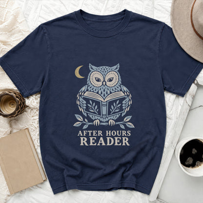 Navy t-shirt with owl reading a book graphic and "After Hours Reader" text.