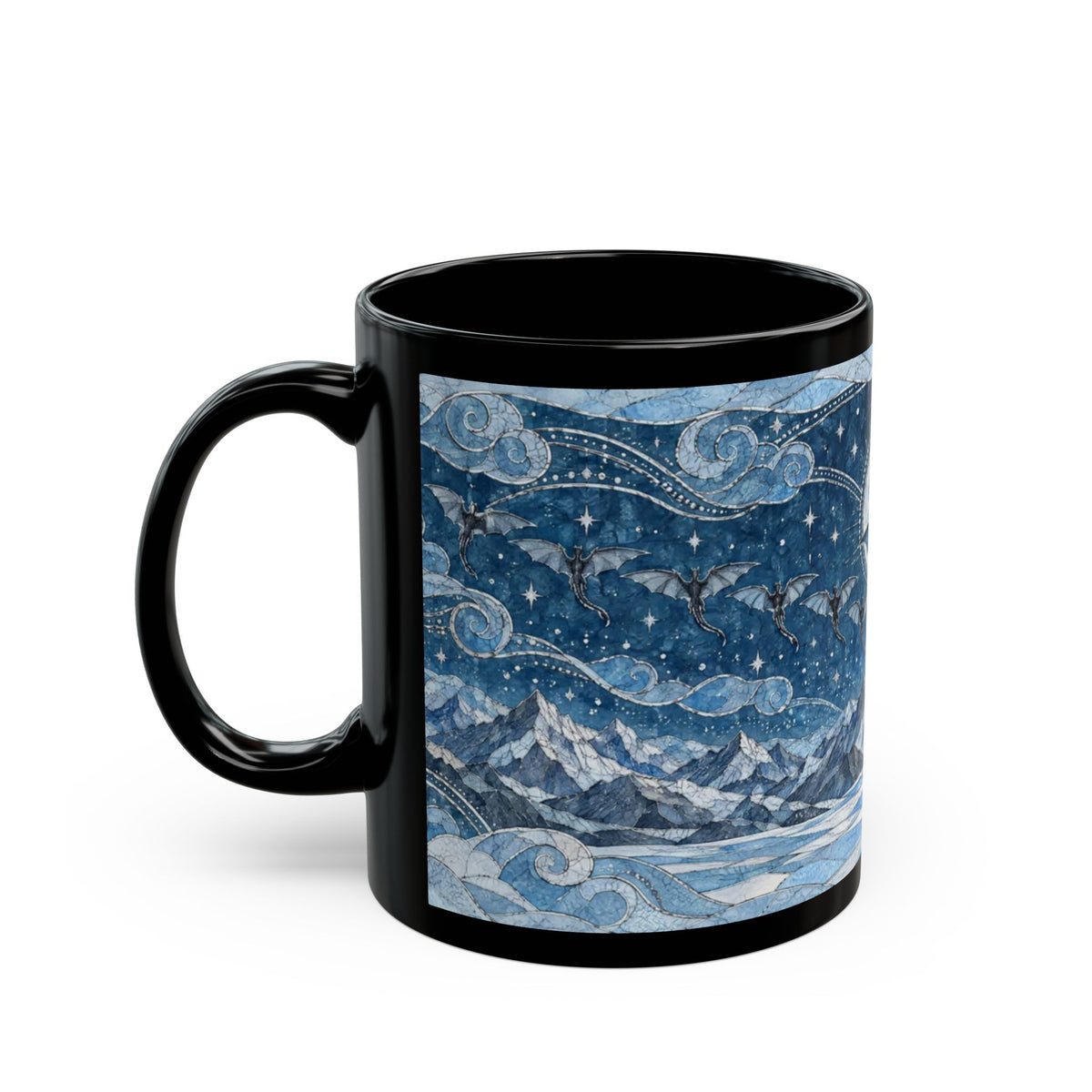A black ceramic coffee mug featuring a blue fantasy illustration of flying dragons over snowy mountains.