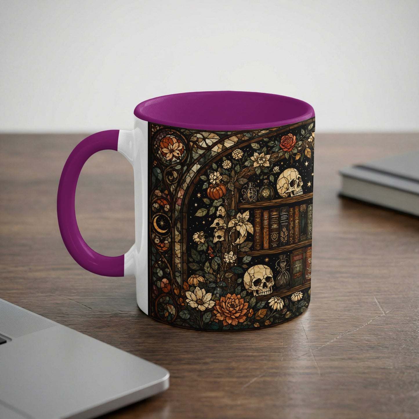 Mug with gothic bookshelf illustration, skulls, flowers, moon, and pumpkins.
