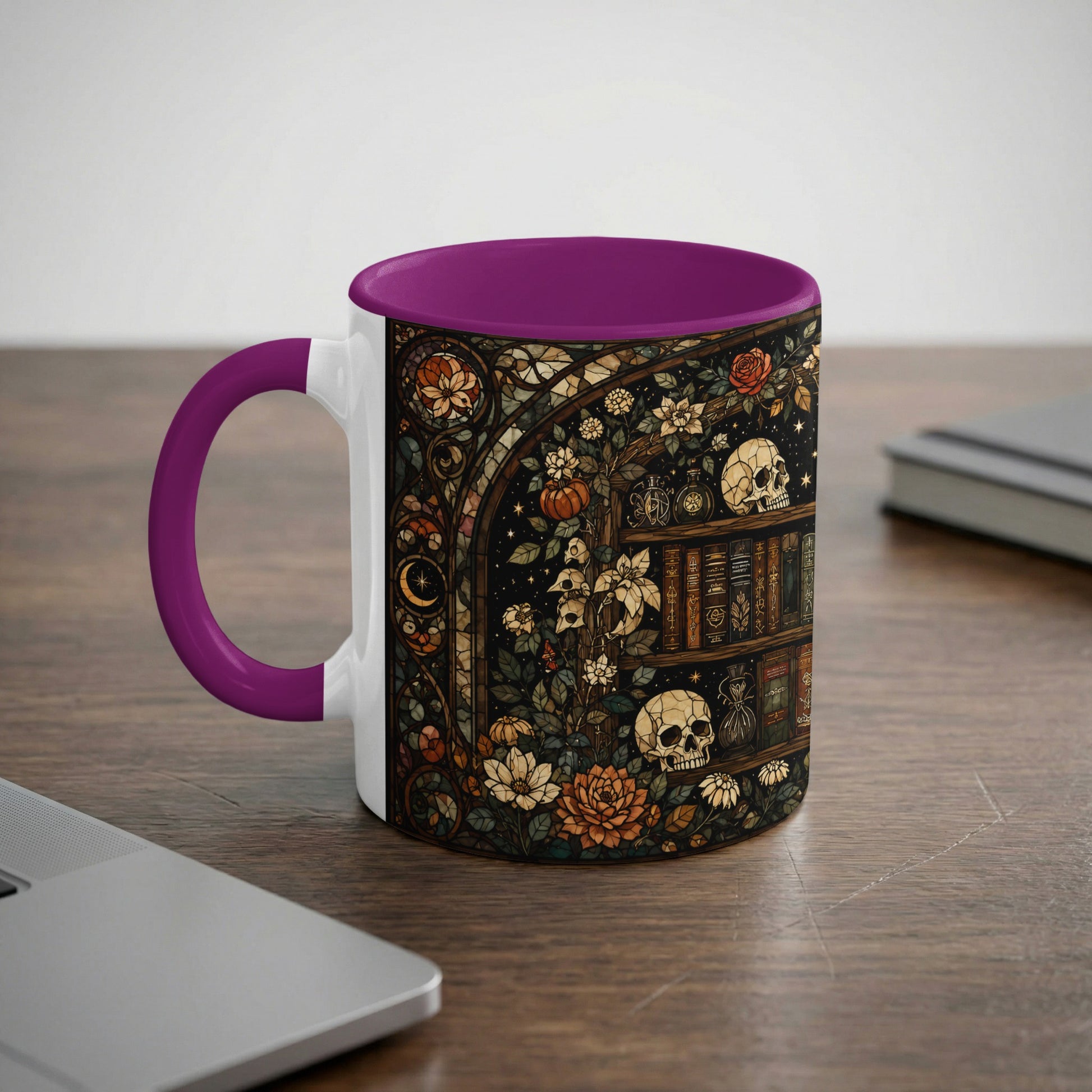 Mug with gothic bookshelf illustration, skulls, flowers, moon, and pumpkins.