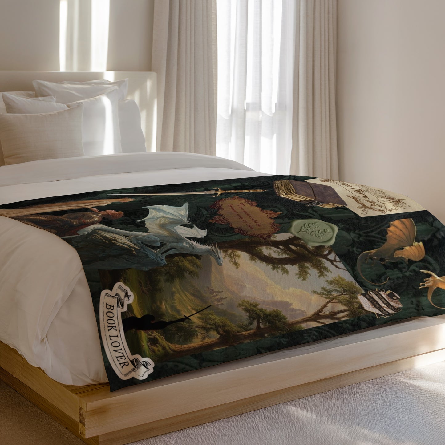 Duvet cover with dragons, sword, books, and text.