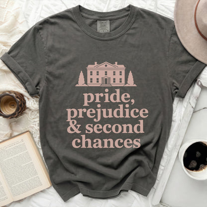 Dark grey t-shirt with "Pride, Prejudice & Second Chances" text and house graphic.