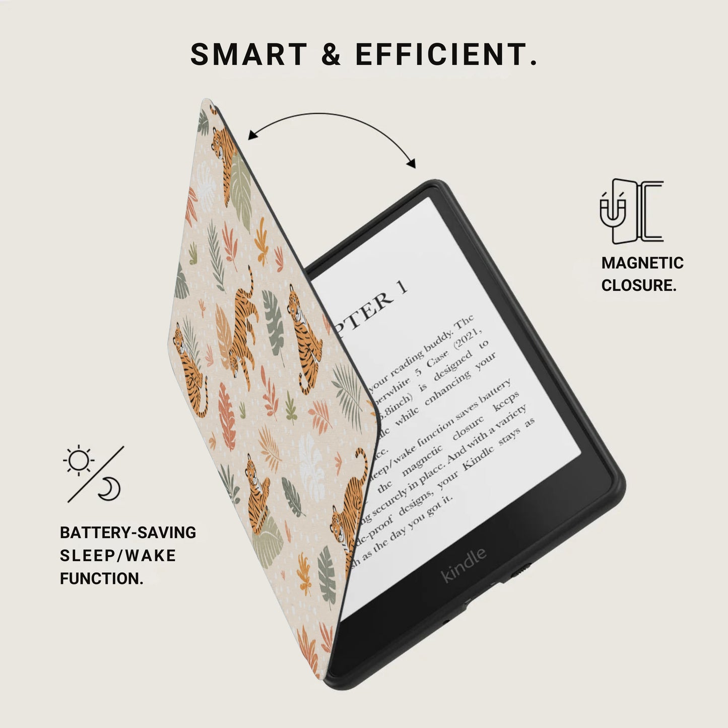 Kindle e-reader with tiger print case showing magnetic closure and battery-saving function.