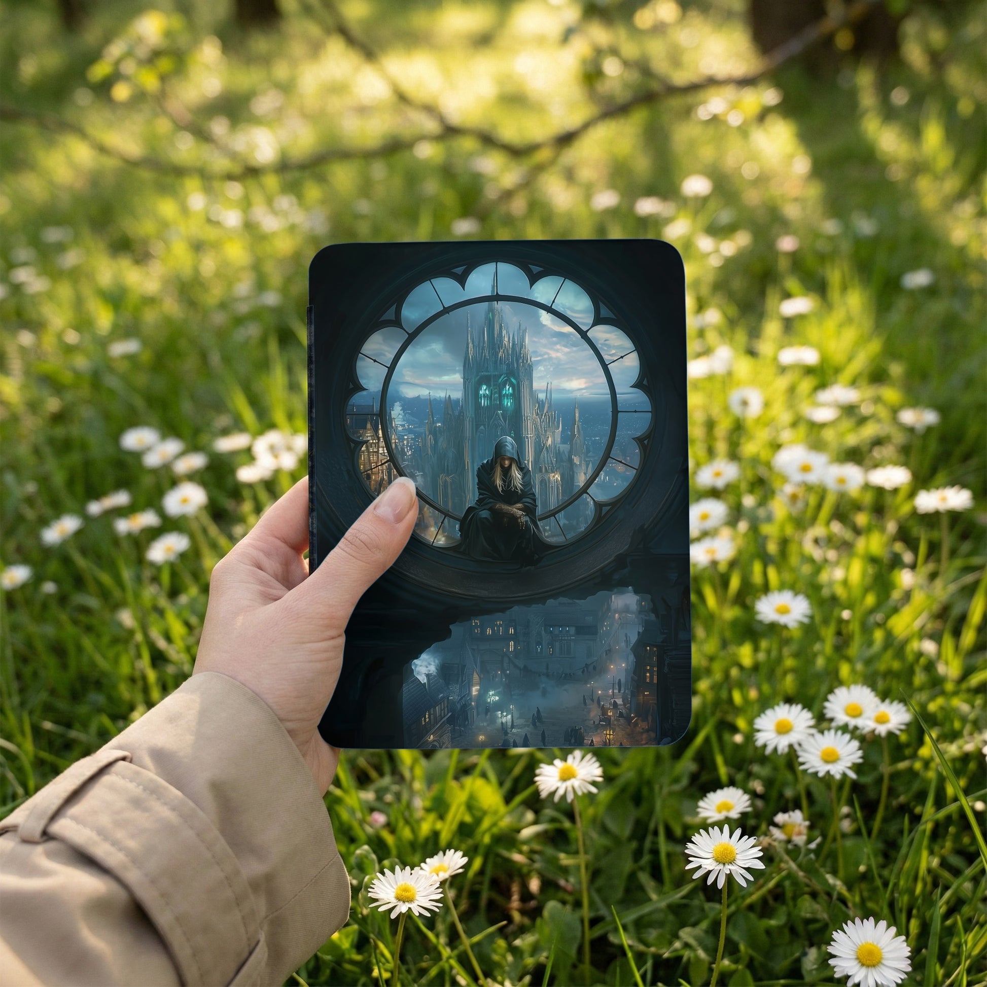 Gothic window city view hooded figure art product type