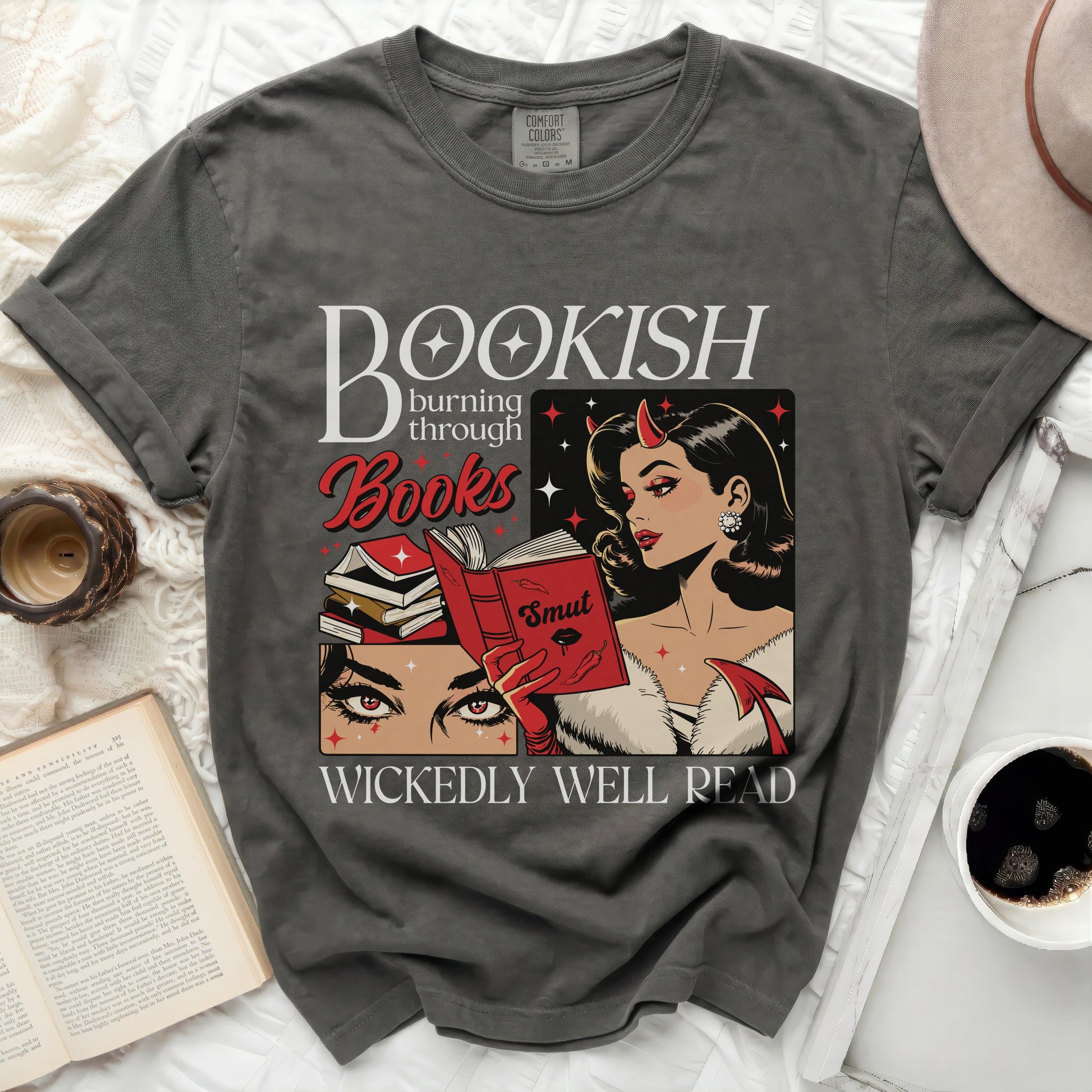 Bookish burning through books wickedly well read graphic tee.