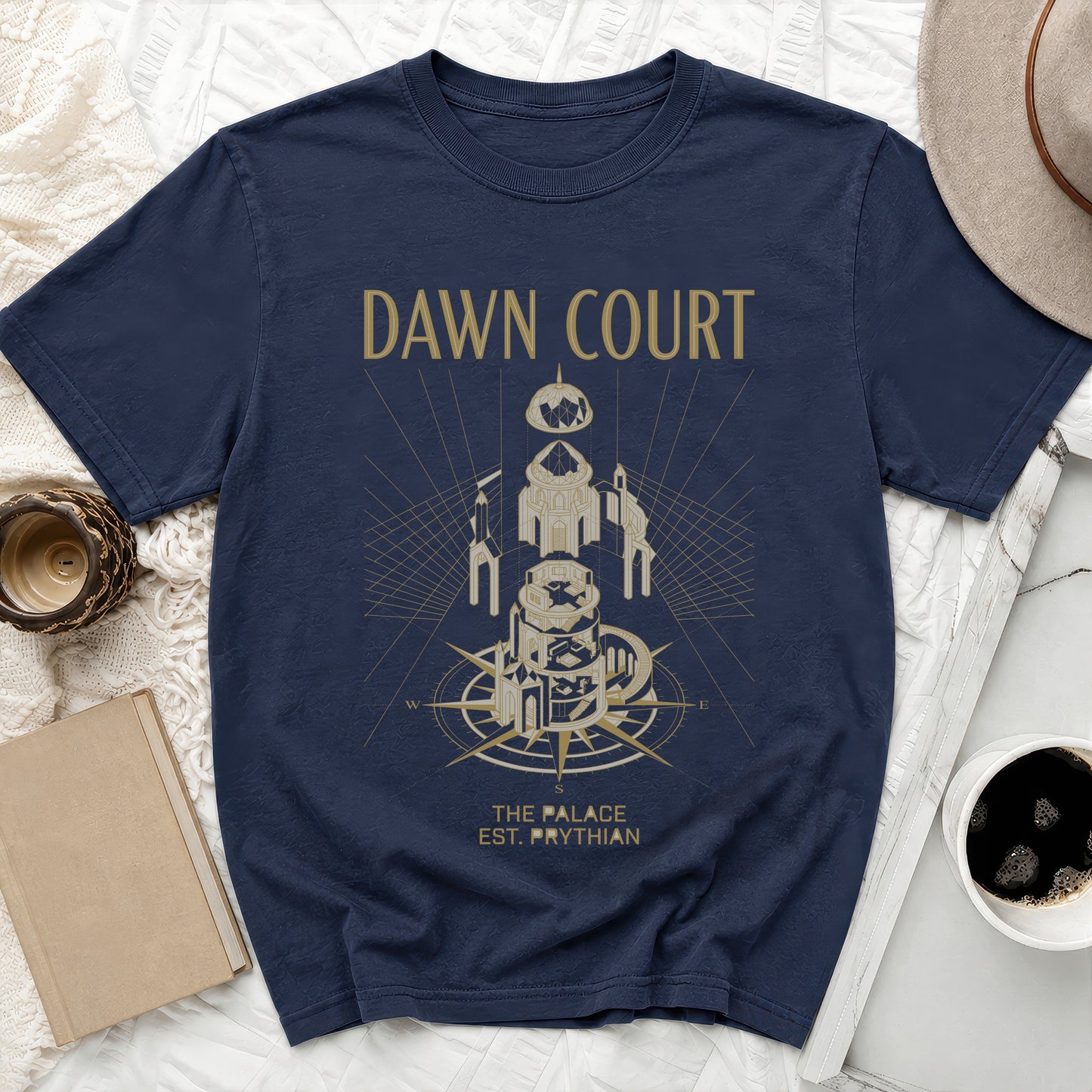Navy t-shirt with gold "DAWN COURT THE PALACE EST. PRYTHIAN" text and architectural design.