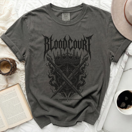 Dark grey t-shirt with "Blood Court The Shadow Kingfisher" graphic.