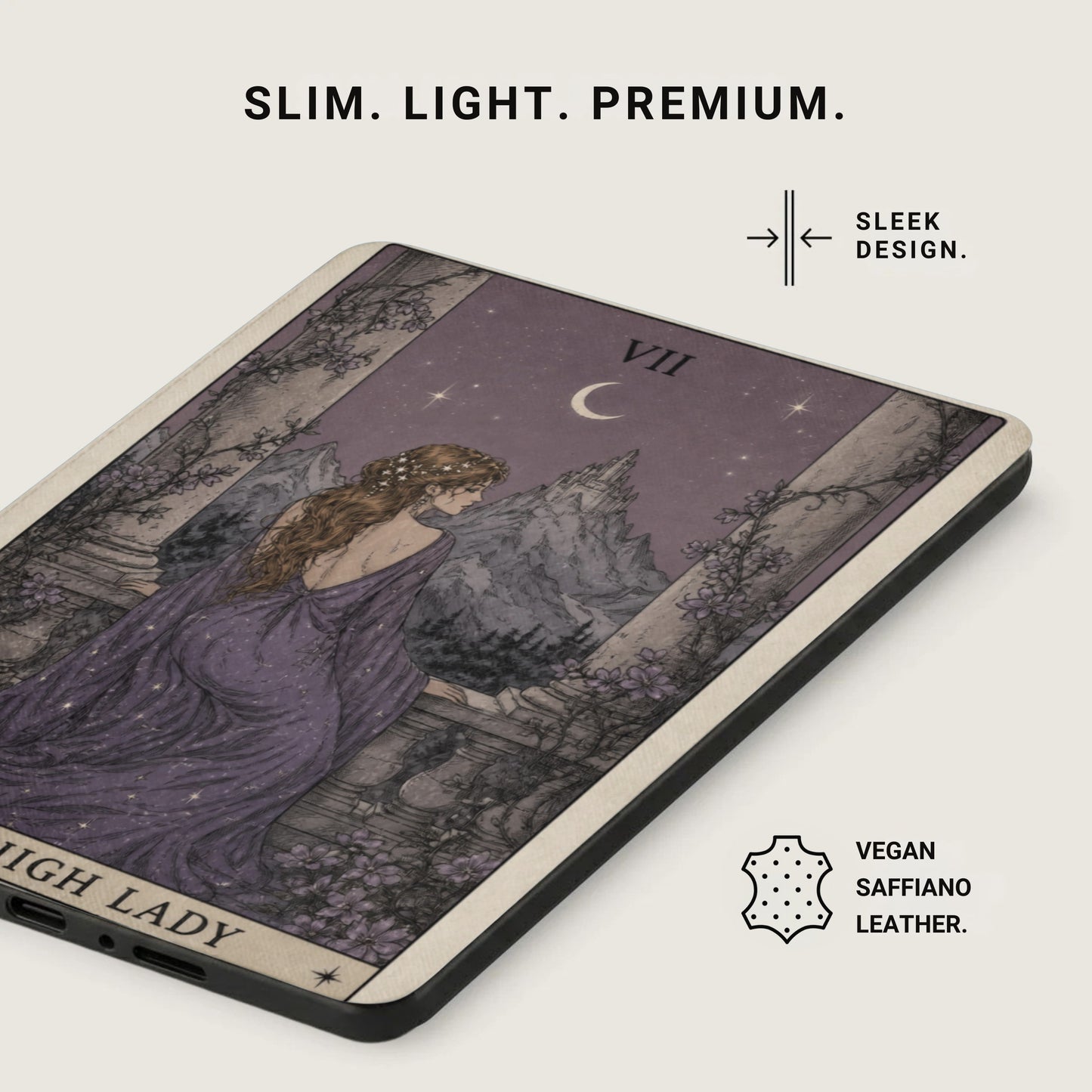Phone case with tarot card design, "High Lady VII" and vegan saffiano leather details.