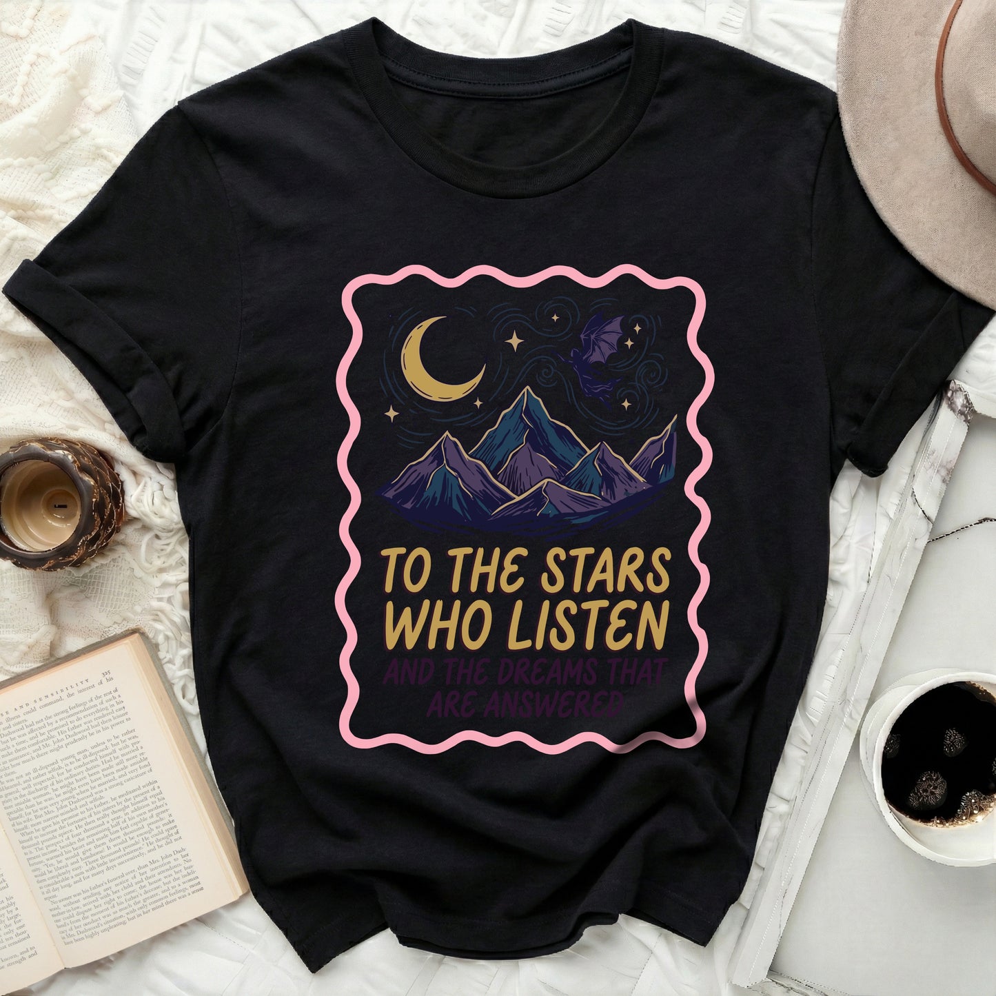 TO THE STARS WHO LISTEN black shirt product type
Black T-Shirt
Mountain Design
Moon Stars Graphic
Bat Creature Art
Quote Shirt
To The Stars Who Listen
Dreams Answered
Night Sky Theme
Fantasy Inspired
Celestial Apparel
Aesthetic Tee
Unique Graphic
Inspirational Quote
Bookish Gift
Dark Academia Style
Mystical Design
Stellar Motif
Indie Clothing
Graphic Top
Adventure Shirt