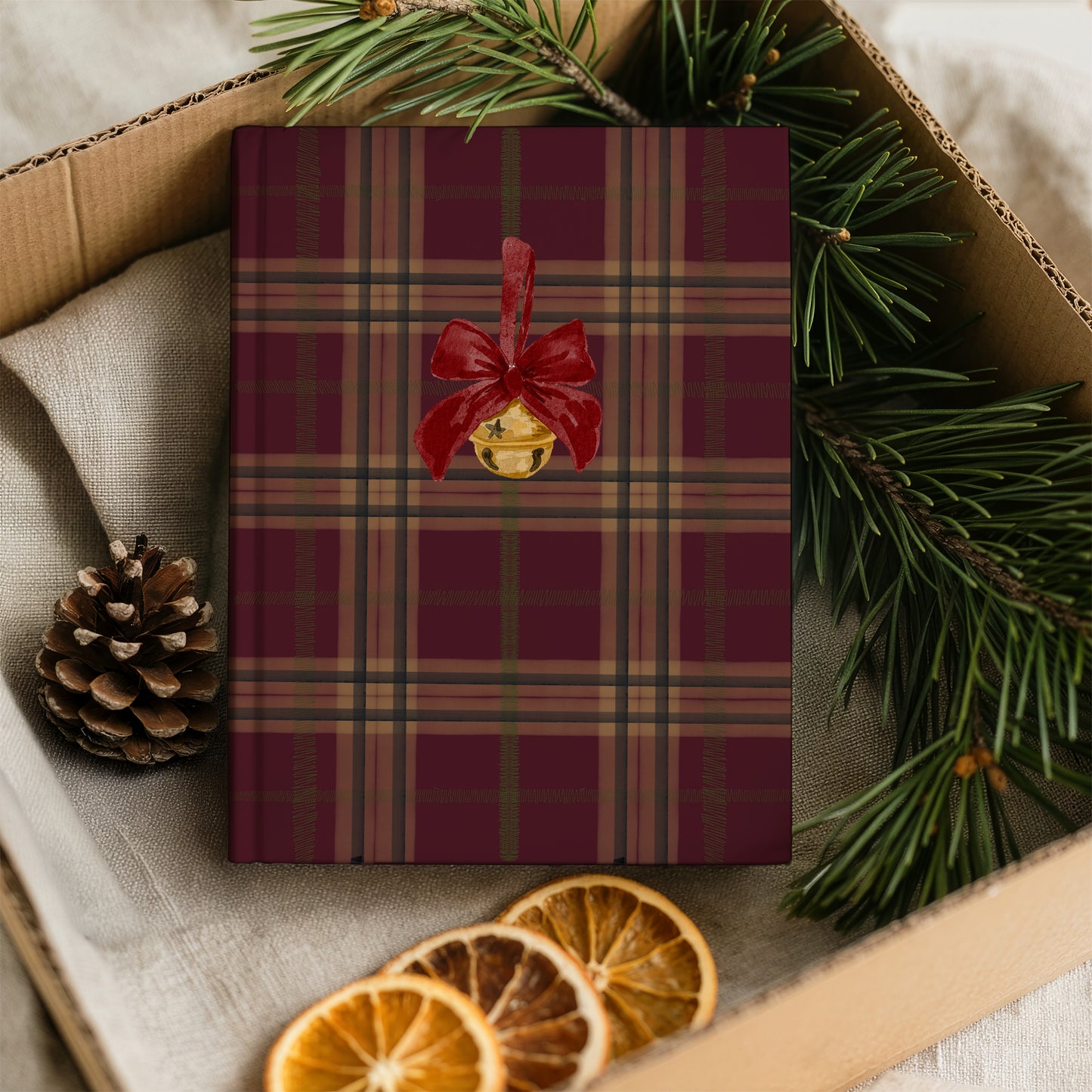 Festive Plaid Notebook with Red Ribbon and Bell Decor