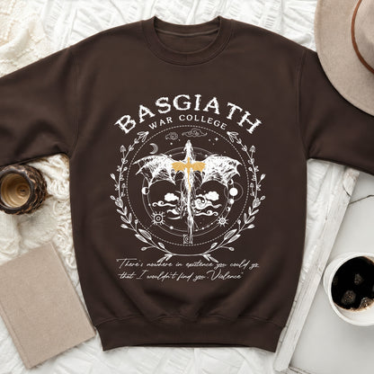 Brown sweatshirt with "Basgiath War College" and a dragon graphic with a quote.
