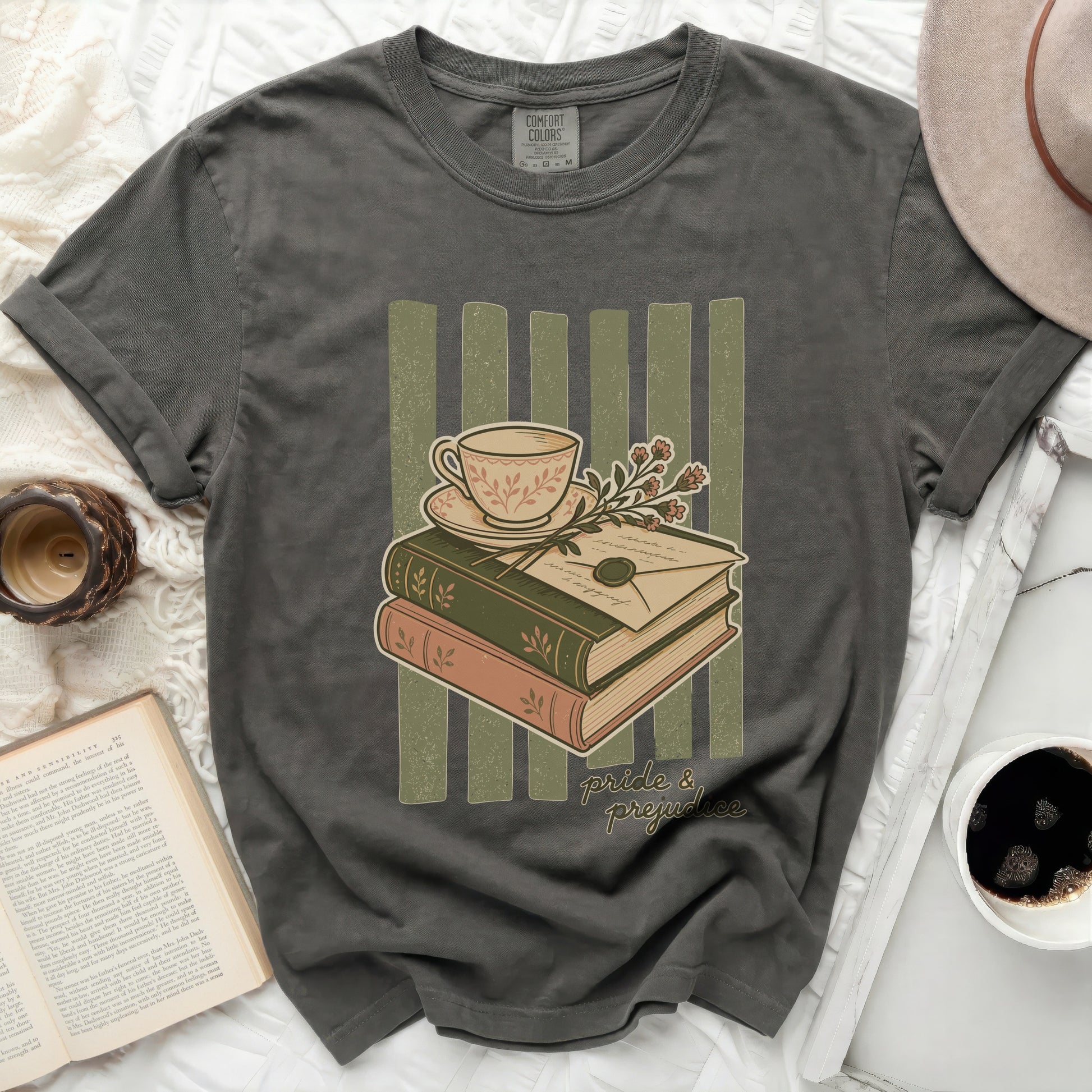 Gray Comfort Colors t-shirt with stacked books, teacup, envelope, and "Pride & Prejudice" text.