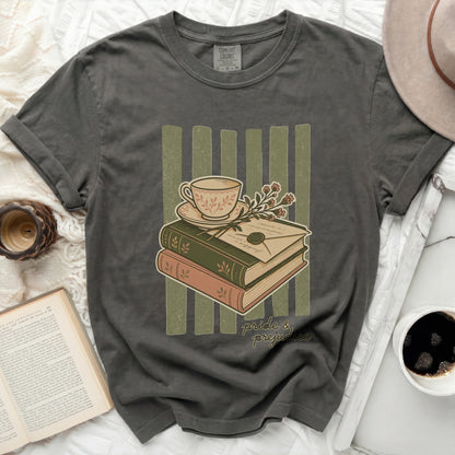 Gray Comfort Colors t-shirt with stacked books, teacup, envelope, and "Pride & Prejudice" text.