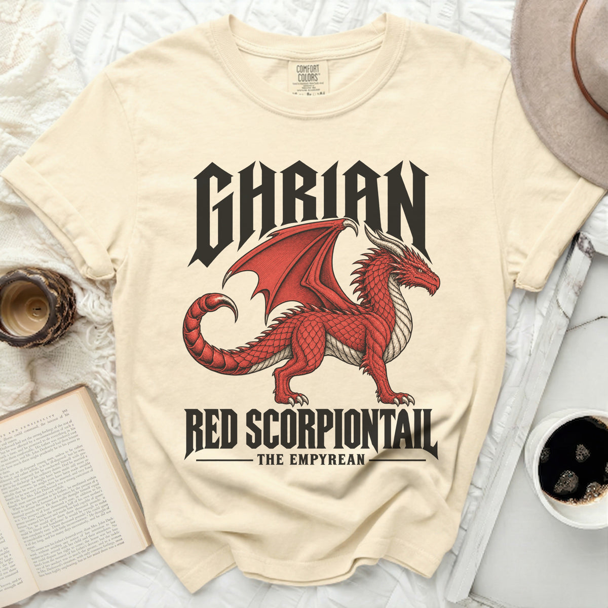 Gharian Red Scorpiontail The Empyrean graphic t-shirt with red dragon illustration.