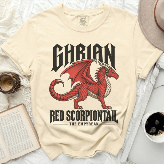 Gharian Red Scorpiontail The Empyrean graphic t-shirt with red dragon illustration.