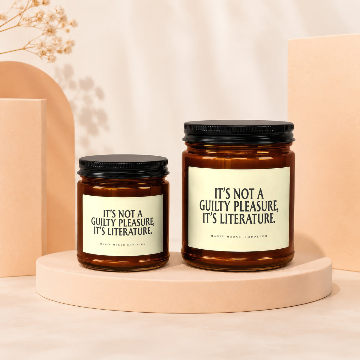 Two amber glass jars with black lids, featuring cream labels with text.
