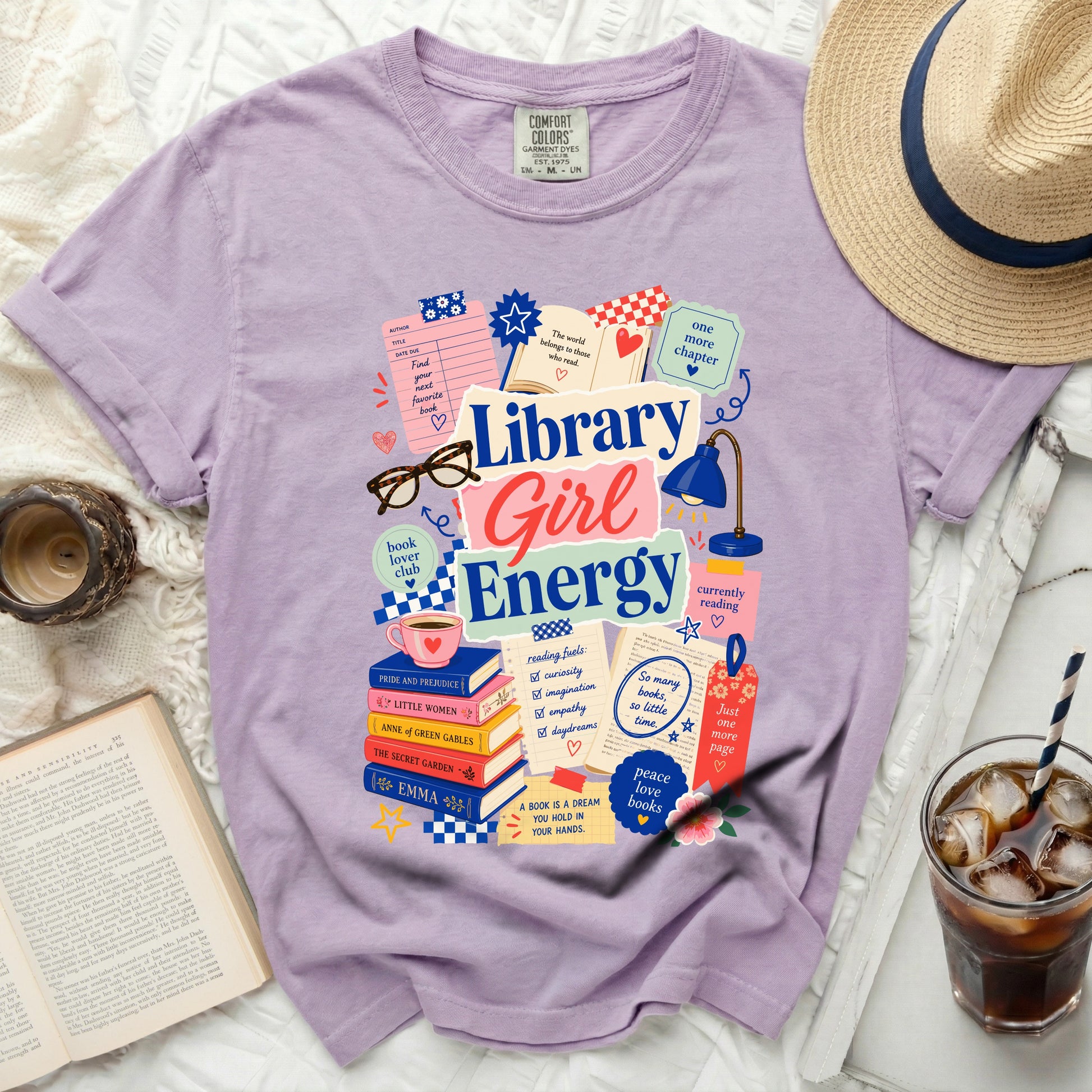 Lavender t-shirt with "Library Girl Energy" and book-themed graphic.