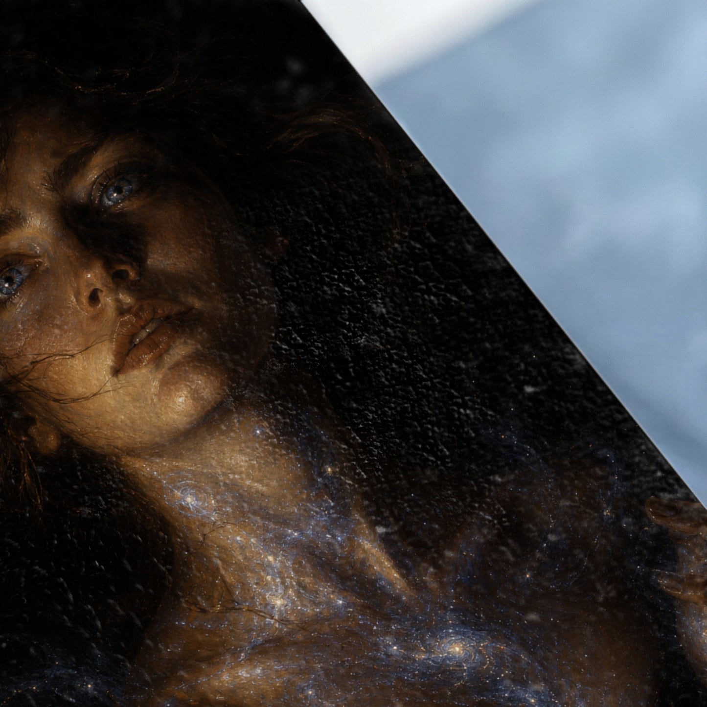 Close-up of a painted woman's face with abstract cosmic elements.
