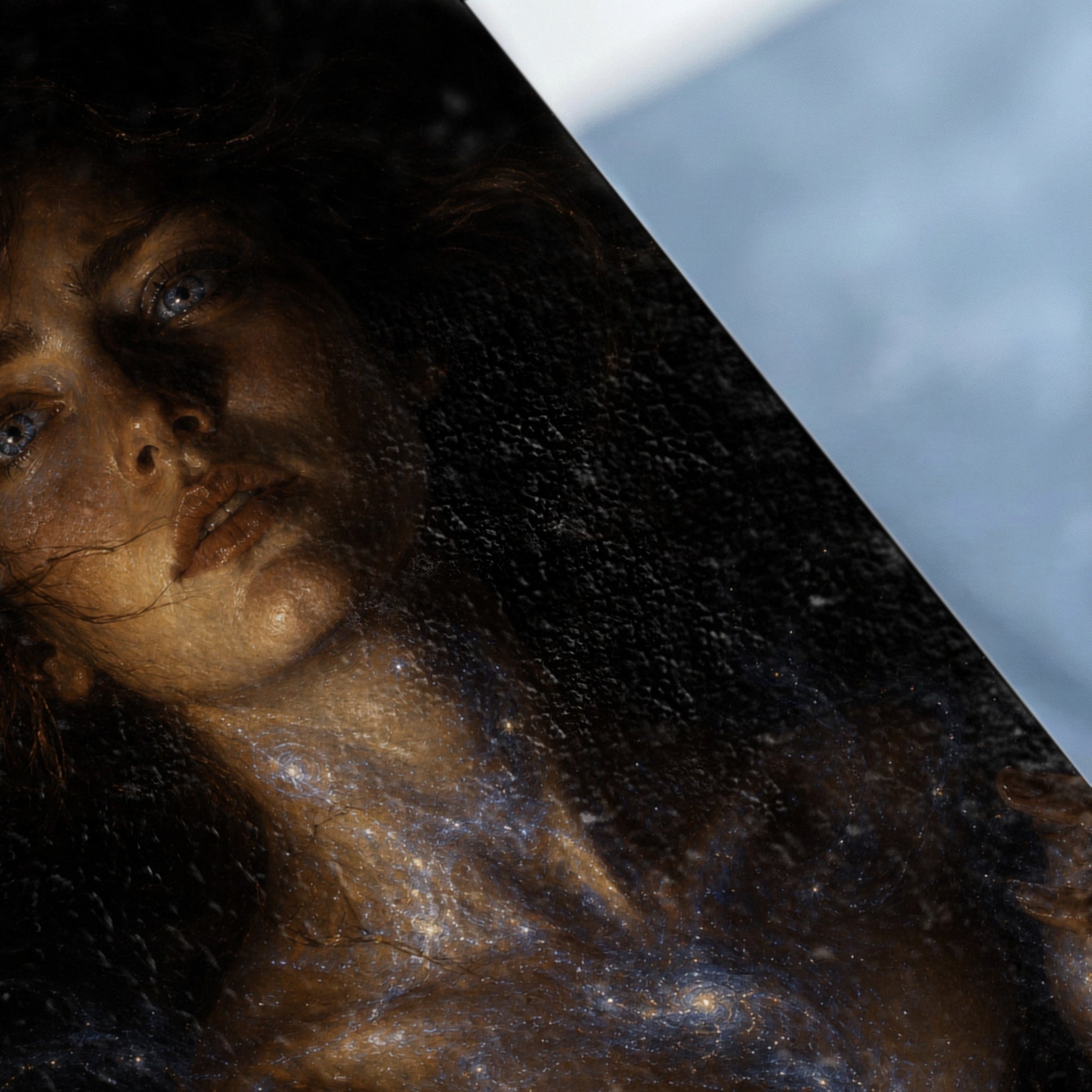 Close-up of a painted woman's face with abstract cosmic elements.