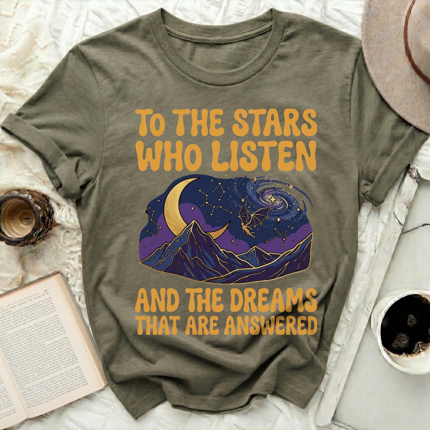 AND THE DREAMS THAT ARE ANSWERED t-shirt product type
Stars, Dreams, Listen, Answered, Cosmic, Universe, Celestial, Moon, Mountains, Fantasy, Inspirational, Spiritual, Quote, Saying, Graphic tee, Astrology, Night Sky, Mystical, Galaxy, Wishing