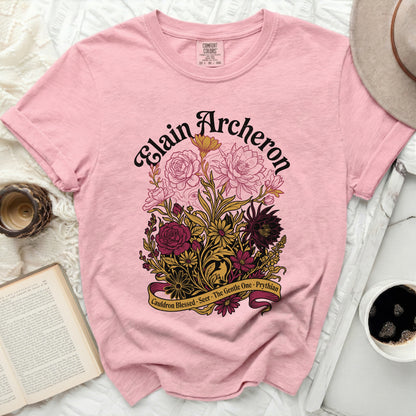Pink t-shirt with "Elain Archeron" and floral design.
