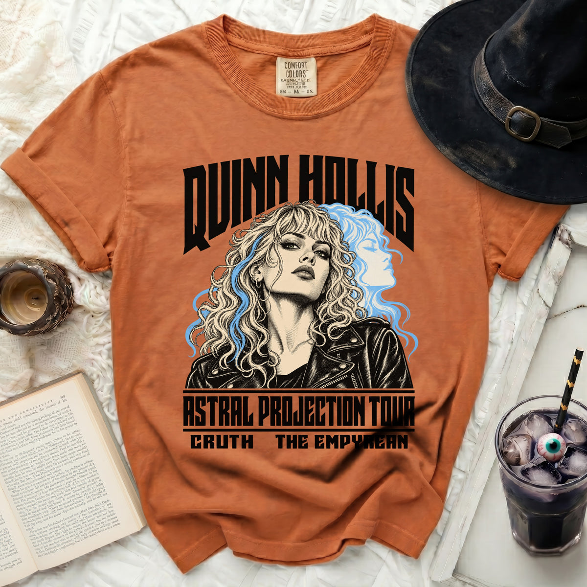 Orange t-shirt with "QUINN HALLIS ASTRAL PROJECTION TOUR" and graphic.