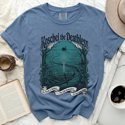 Koschei the Deathless t-shirt with swan, sword, and text.