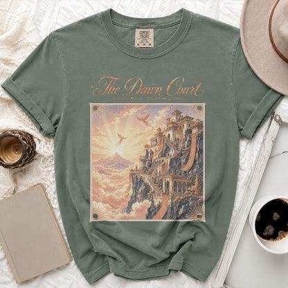 Green t-shirt with "The Dawn Court" text and fantasy castle graphic.