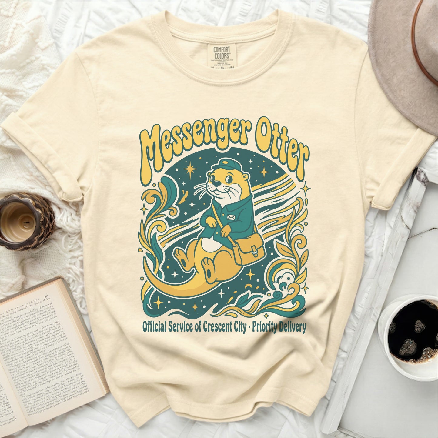 Messenger Otter wearing a satchel, with "Official Service of Crescent City - Priority Delivery" text.