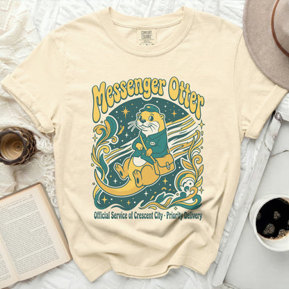 Messenger Otter wearing a satchel, with "Official Service of Crescent City - Priority Delivery" text.