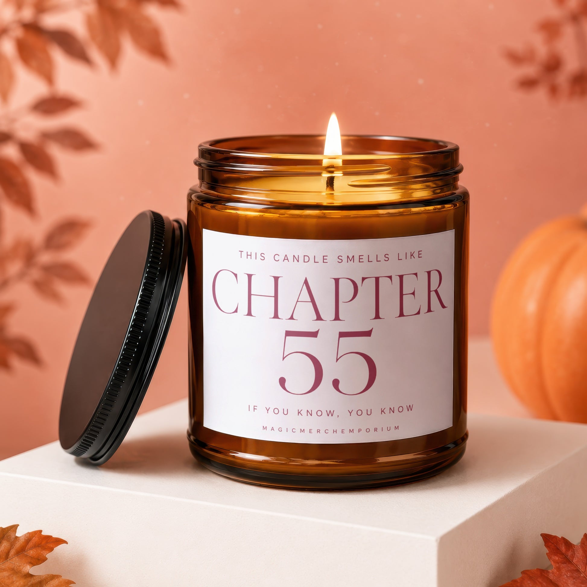 Amber candle with lit flame, reads "CHAPTER 55 IF YOU KNOW, YOU KNOW".
