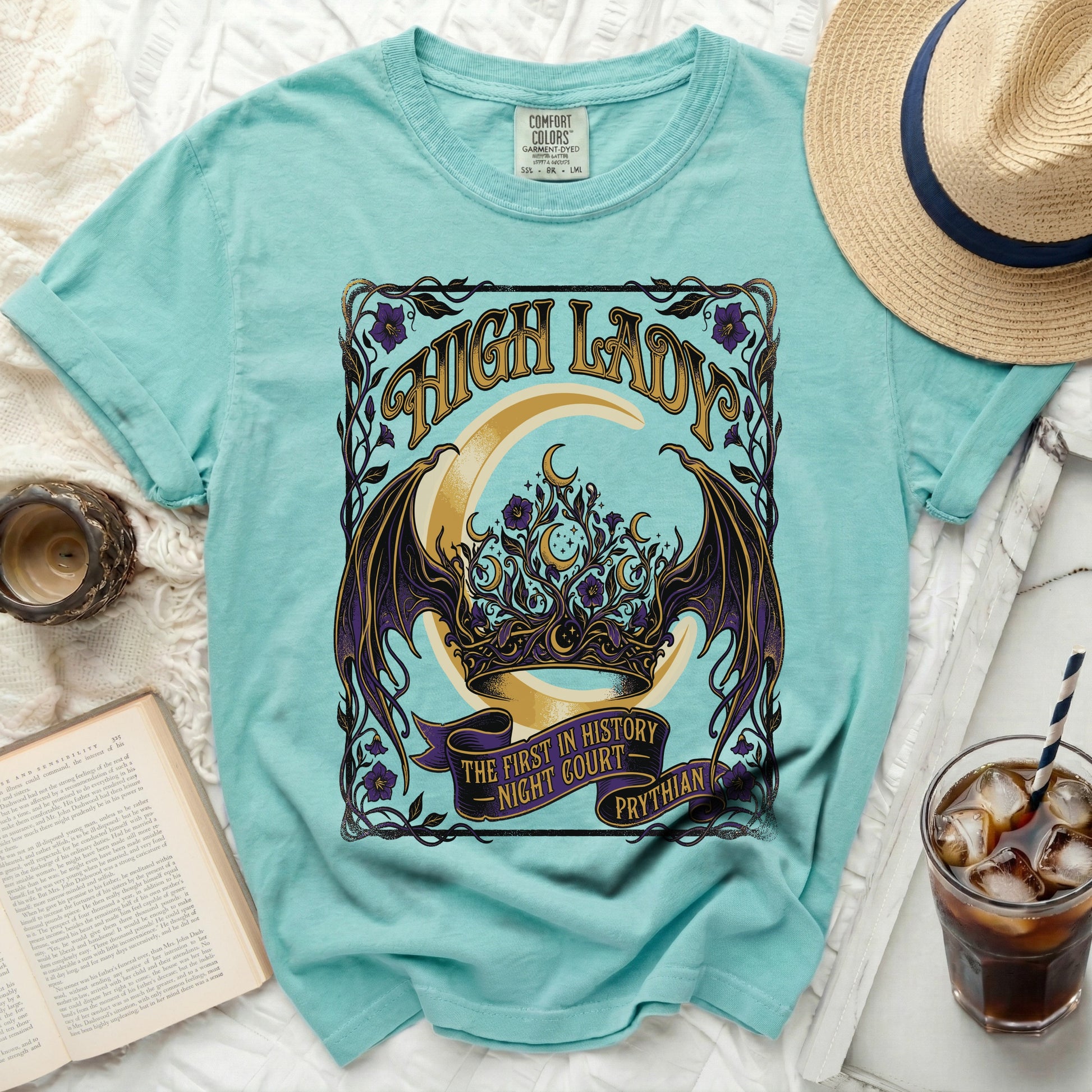 Teal t-shirt with High Lady Night Court Prythian graphic and crescent moon.