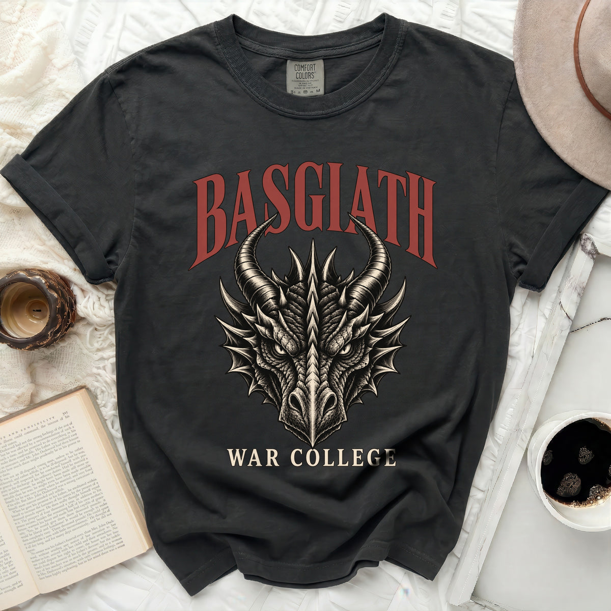 Dark gray t-shirt with a dragon's head graphic and text "BASGIATH WAR COLLEGE".