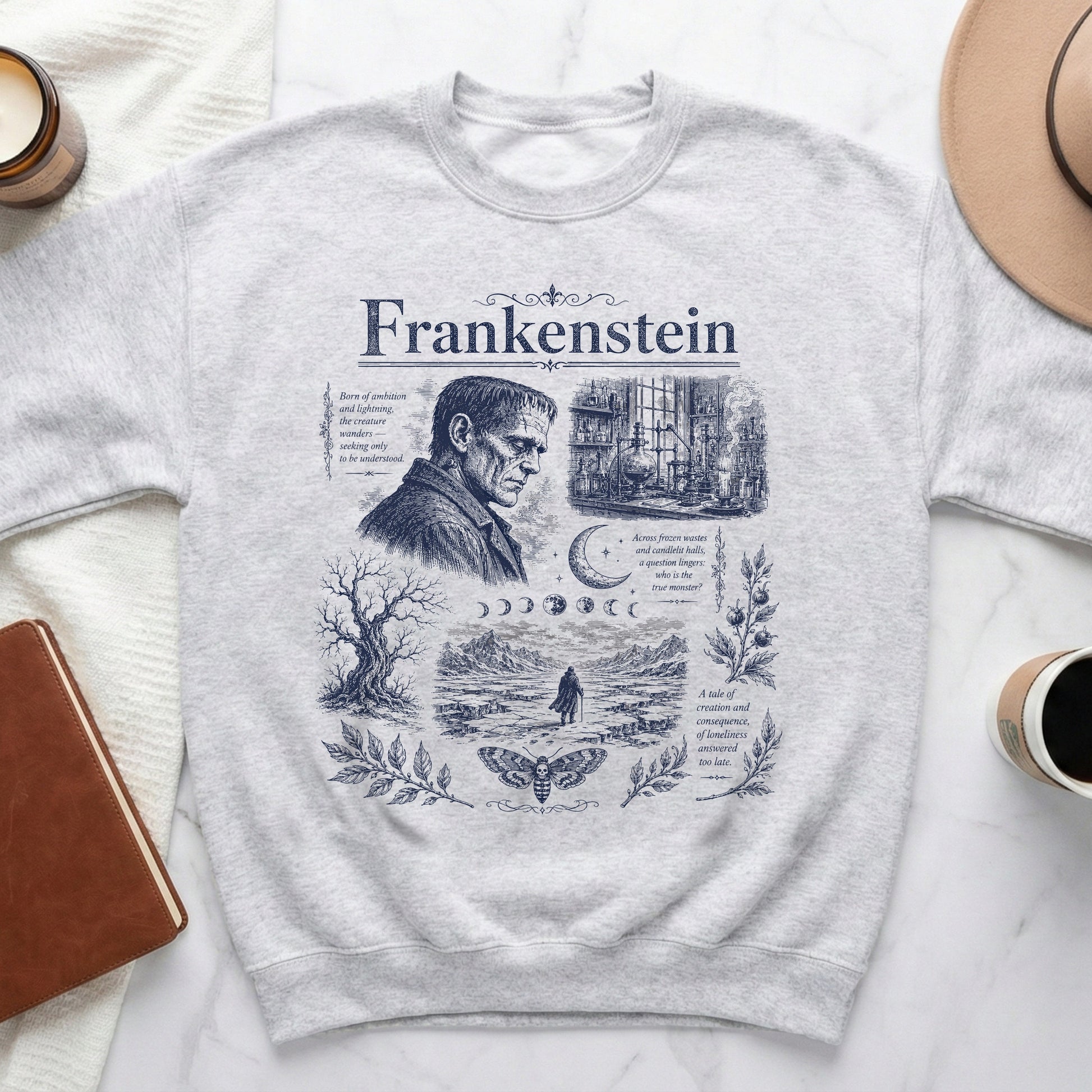 Light gray sweatshirt with vintage Frankenstein artwork and text.