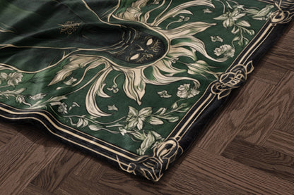 Green and Black Sun and Floral Patterned Blanket