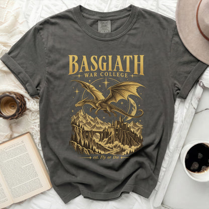 Basgiath War College t-shirt with dragon and castle design