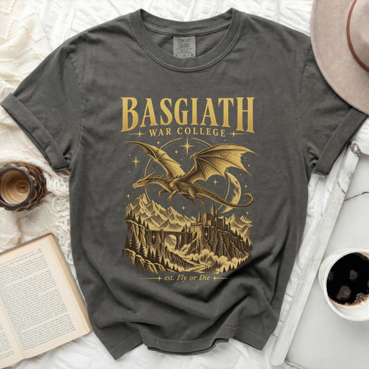 Basgiath War College t-shirt with dragon and castle design