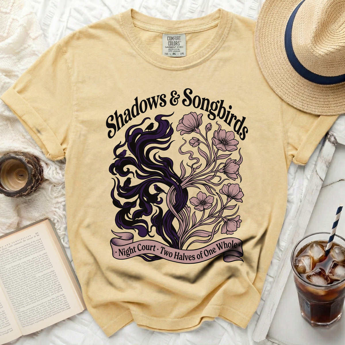 Yellow t-shirt with "Shadows & Songbirds" and "Night Court · Two Halves of One Whole" text.