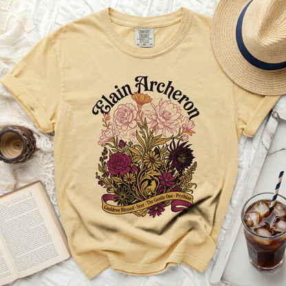Yellow t-shirt with "Elain Archeron" and floral design.