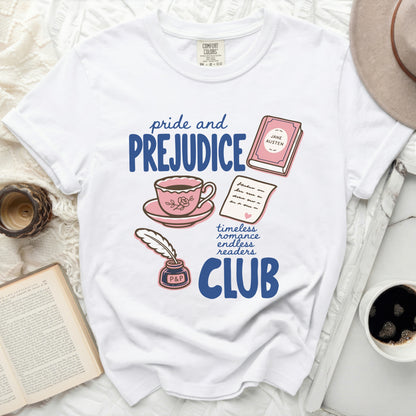 White t-shirt with "Pride and Prejudice Club" print, book, and teacup.